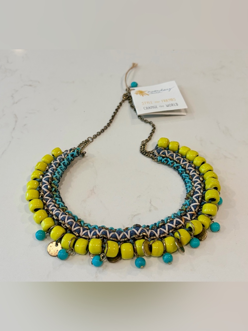 NWT! Noonday Collection Yellow and Turquoise Beaded Collar Necklace
